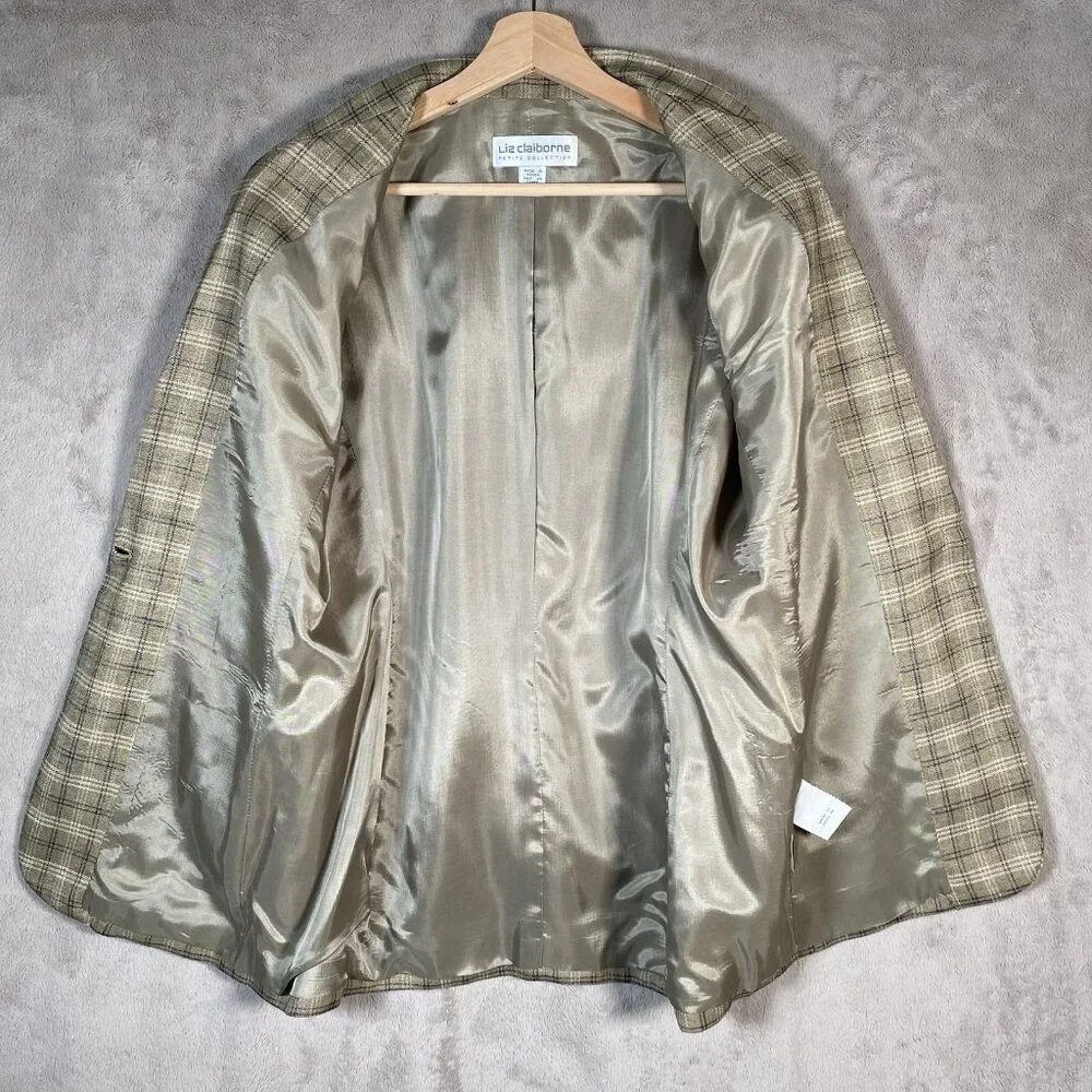 Vintage Liz Claiborne Blazer Women 12 Petite Linen Blend Plaid Academia Heritage - Picture 8 of 15